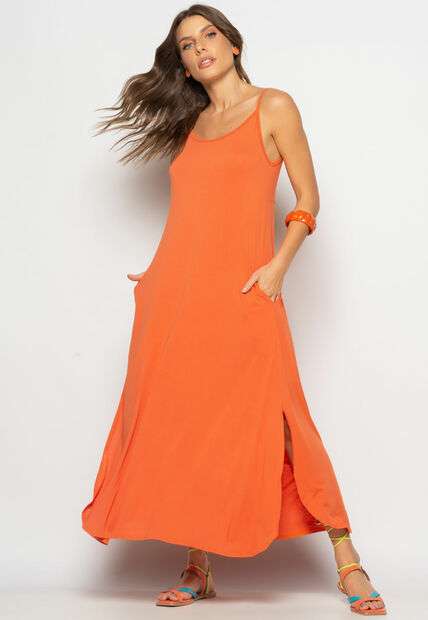 Vestido Longo Alcinha Com Barra Arredondada E Bolsos Telha Salvatore