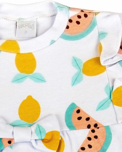 Macacão Bebê Suedine Longo Estampado com Lacinho Melancias - Branco