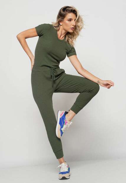 Blusa  Básica Manga Curta Malha Canelada Verde