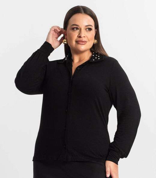 Camisa Plus Size Manga Longa Feminina Secret Glam Preto