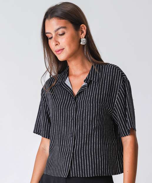 Camisa Cropped Feminina Listrada Manga Curta Marisa Preto