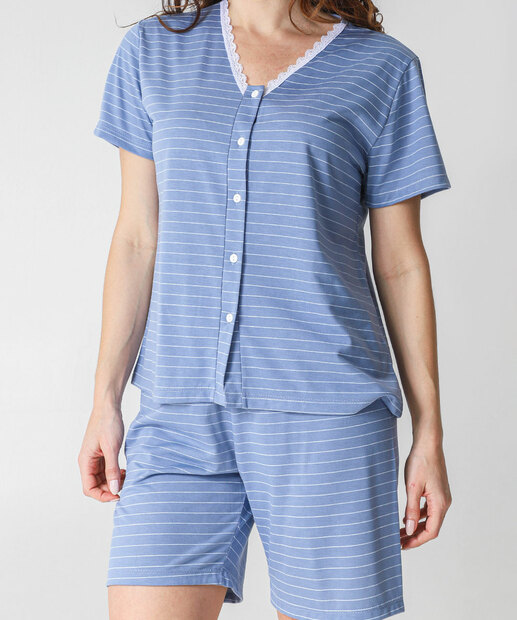 Pijama Feminino Listrado Manga Curta Marisa Azul
