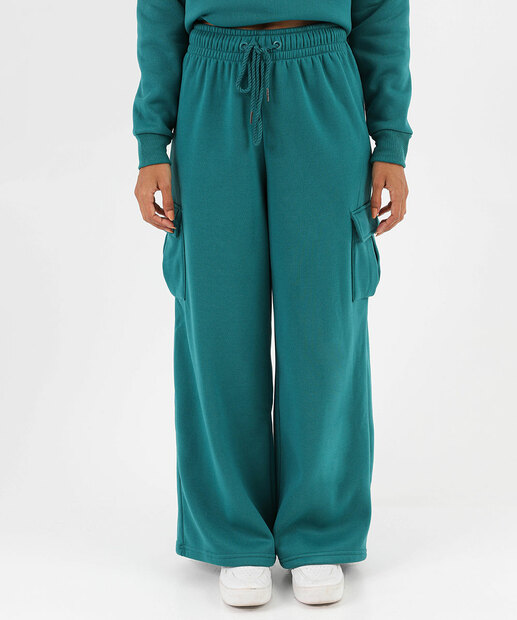 Calça Feminina Moletom Wide Leg Cargo Marisa Verde