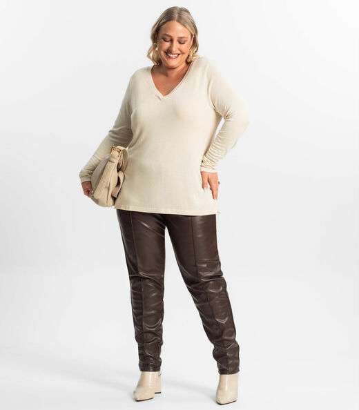 Blusa Manga Longa Visco Tricot Secret Glam Bege