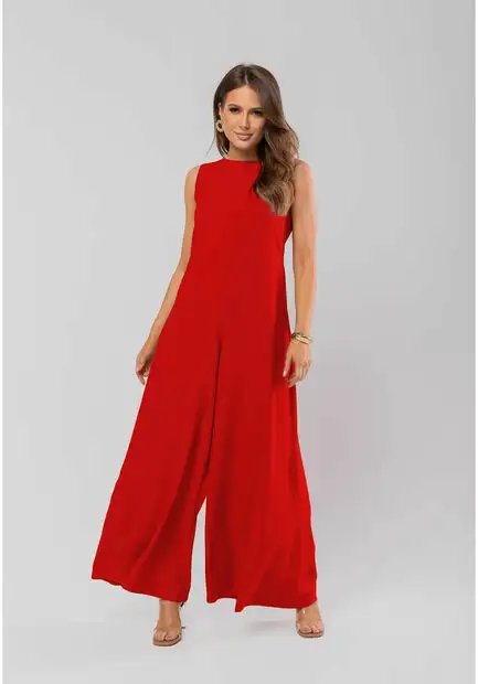 Macacão Regata Feminino Alfaiataria Pantalona Vermelho Salvatore Fashion