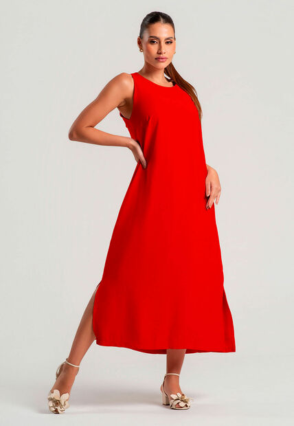 Vestido Midi Alfaiataria Marrant Regata Com Fendas e Bolsos Vermelho Salvatore
