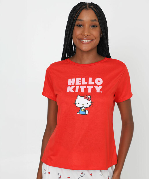Pijama Feminino Hello Kitty Manga curta Sanrio Vermelho