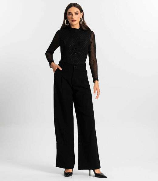 Body Manga Longa de Tule Glitter Endless Preto
