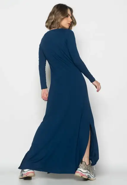 Vestido Longo Manga Longa Malha Azul Salvatore Fashion