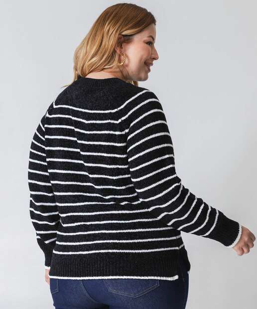 Suéter Plus Size Feminino Chenille Listrado Marisa Preto