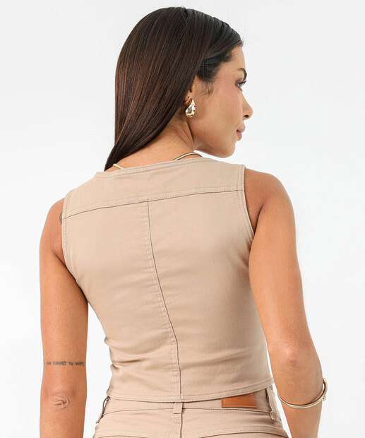 Colete Feminino Sarja Botões Sawary Bege