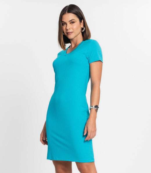 Vestido Feminino Em Ribana Canelada Rovitex Azul