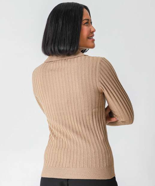 Suéter Feminino Polo Textura Manga Longa Marisa Bege