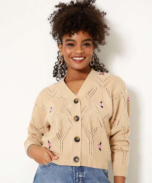 Cardigan Feminino Tricô Floral Marisa
