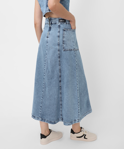 Saia Midi Jeans Evasê Feminina Bolsos Marisa Azul