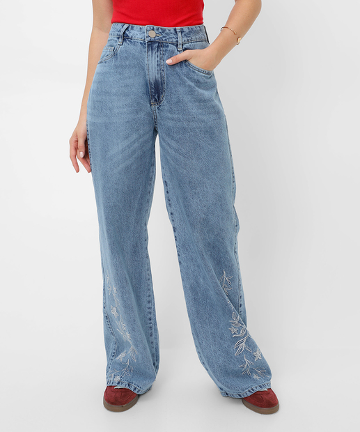 Calça Wide Leg Bordado Feminina Jeans Marisa Azul