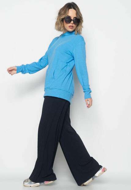 Casaco Capuz Oversized Com Bolso Canelado  Fashion Azul Claro