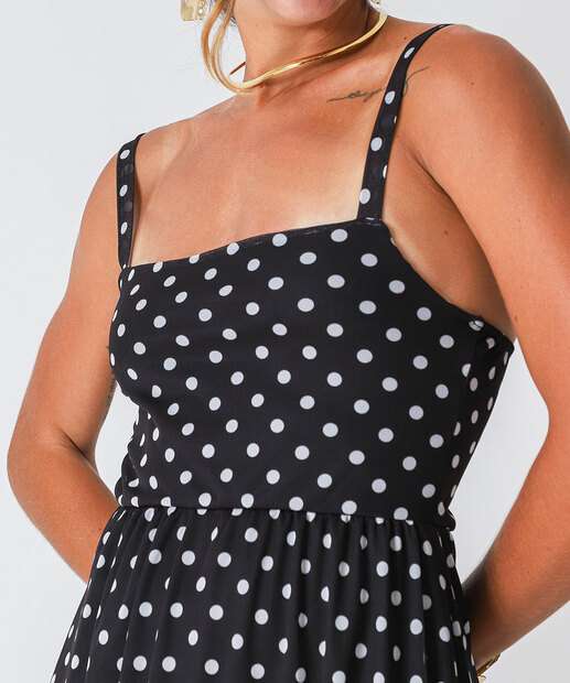 Vestido Midi Feminino Tule Poá Alças Finas Marisa Preto