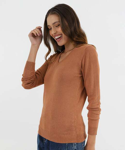 Image_Suéter Feminino Liso Gola V Marisa Marrom