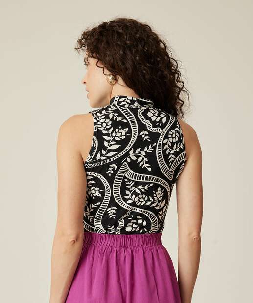 Blusa Regata Feminina Folhas Amarração Gola Alta 