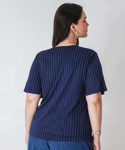 Blusa Plus Size Feminina Listrada Manga Curta Marisa Azul