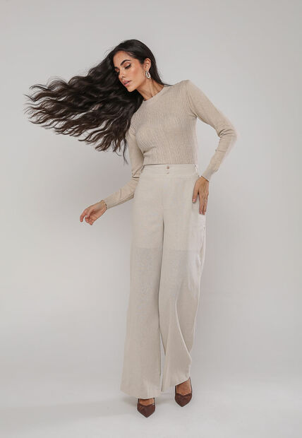 Blusa de Tricot Com Tramas Texturizada Bege Claro Salvatore