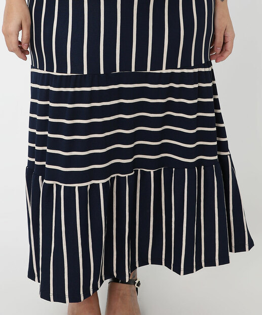 Vestido Plus Size Textura Listrado Feminino Marisa Azul