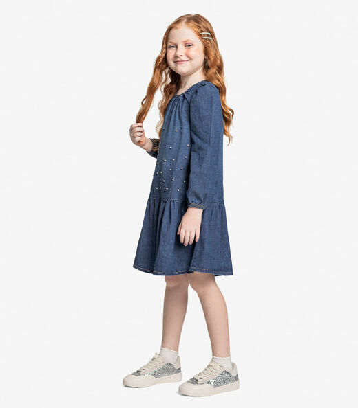 Vestido Infantil Manga Longa Jeans Trick Nick Azul