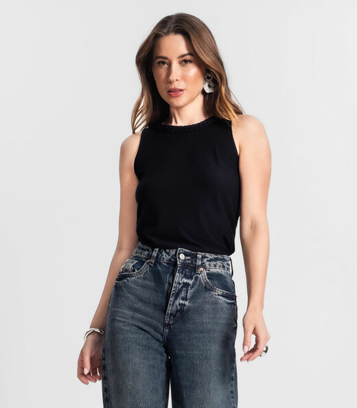 Regata Feminina Com Decote Trabalhado Rovitex Preto