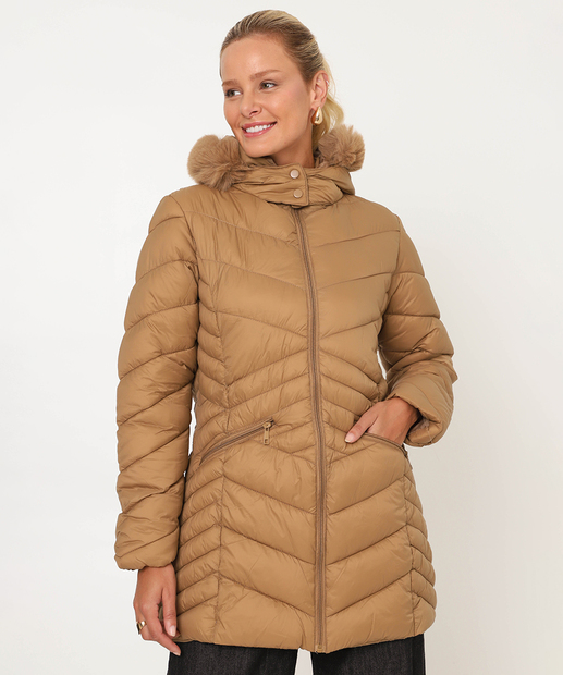 Casaco Feminina Alongada Puffer Capuz Marisa Bege