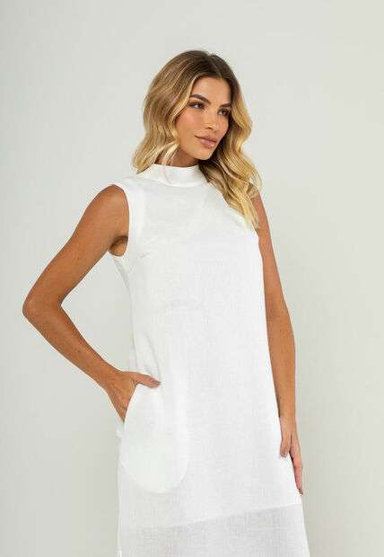 Vestido Longo Gola Alta E Fenda Lateral Branco Salvatore