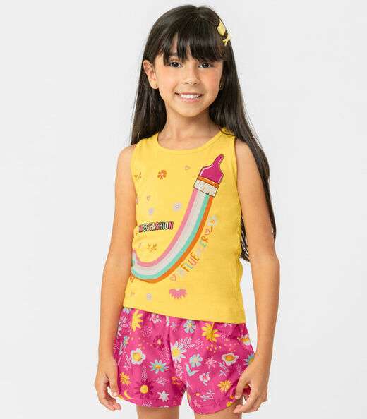 Conjunto Infantil Feminino Floral Rovitex Amarelo