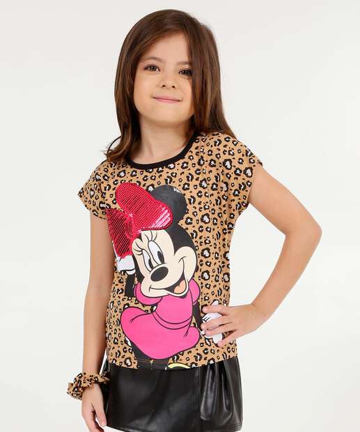 Camiseta Infantil Animal Print Minnie Disney Tam 4 a 10