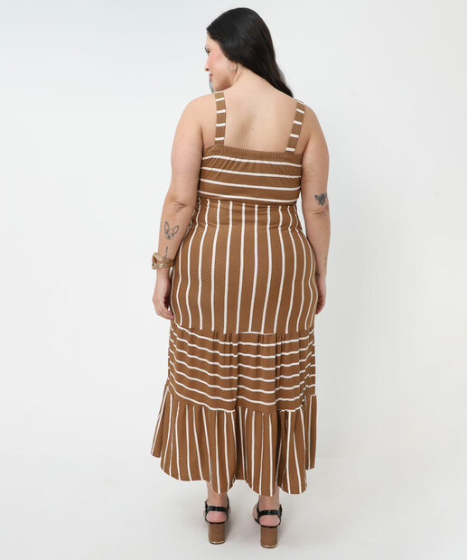 Vestido Plus Size Textura Listrado Feminino Marisa Marrom