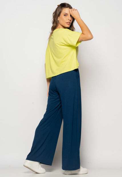 Calça Wide Leg Com Bolso Malha Marinho Salvatore Fashion