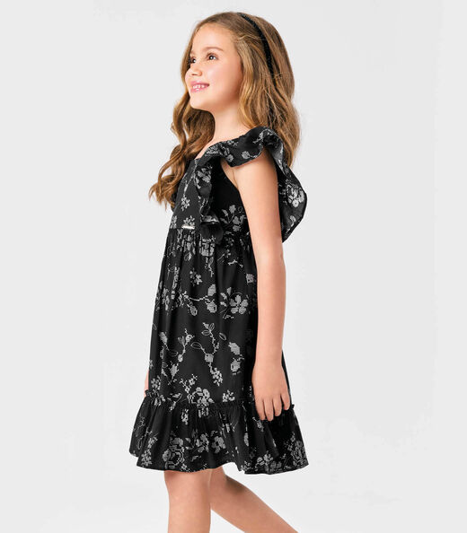 Vestido Popeline Floral Bordado Trick Nick Preto