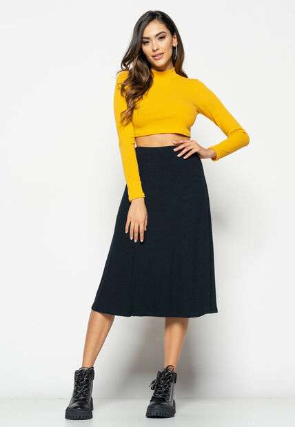 Cropped  Gola Alta Manga Longa Comfy Malha Canelada Mostarda