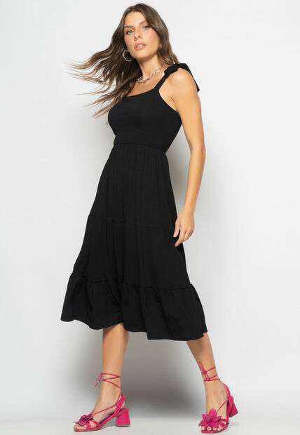 Image_Vestido Midi Babado Com Alça Amarração Malha Preto Salvatore