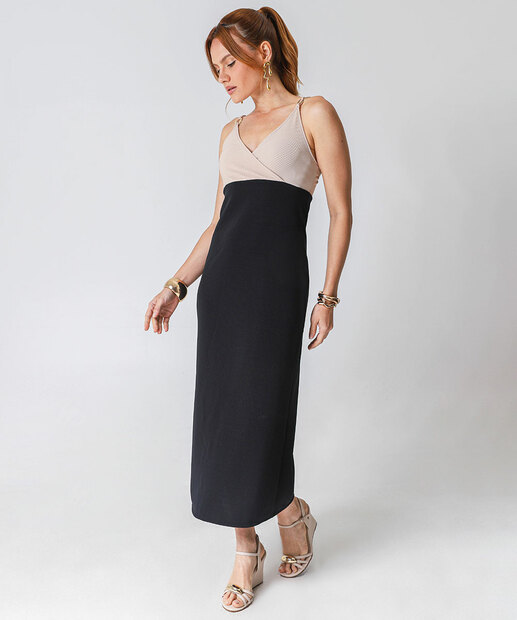 Image_Vestido Feminino Midi Bicolor Alças Finas Marisa Preto