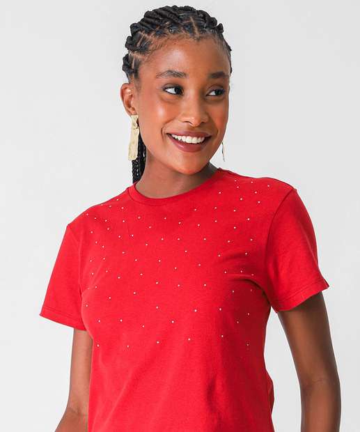 Camiseta Feminina Manga Curta com strass Marisa Vermelho