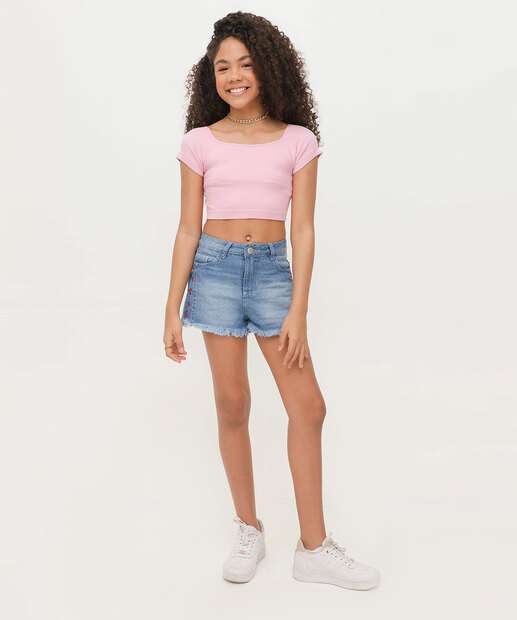 Short Juvenil Jeans Bordado Cereja Tam 10 a 16