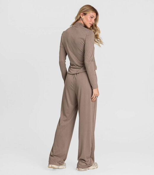 Conjunto Feminino Blusa E Calça Em Ribana Dianna Marrom