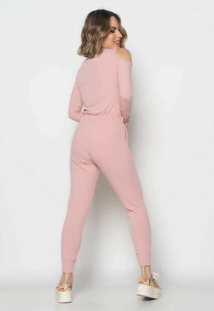 Conjunto Comfy Com Blusa Ombro Vazado M/L e Jogger Canelada Rosa Claro Salvatore