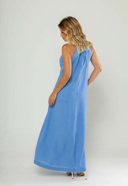 Vestido Longo Decote Com Recorte E Amarração Azul Salvatore