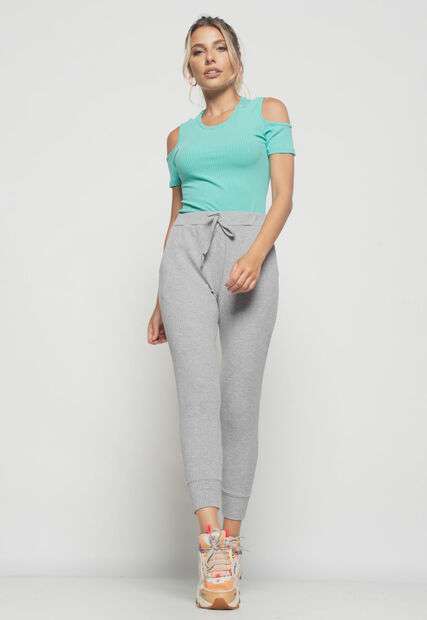 Kit 2 Blusas  Ombro Vazado Malha Canelada BrancoeVerde