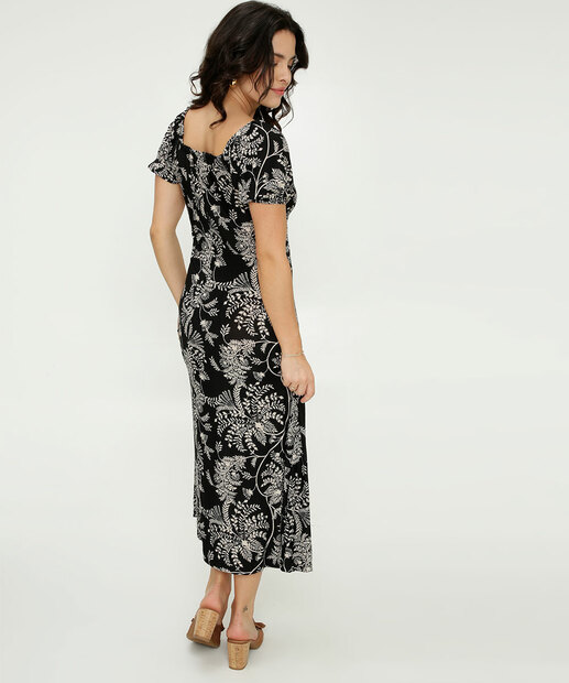 Vestido Longo Feminino Folhas Manga Curta Marisa