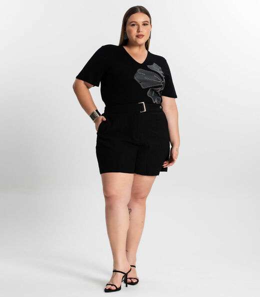 Blusa Feminina Plus Size Manga Evasê Secret Glam Preto