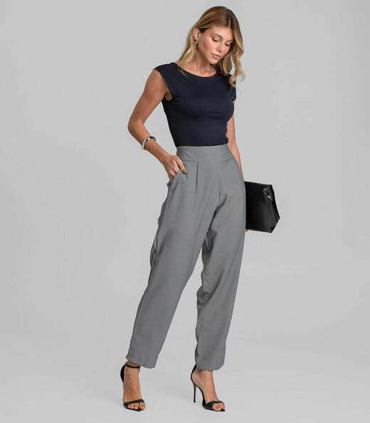 Calça Pantalona Feminina Em Alfaiataria Dianna Cinza
