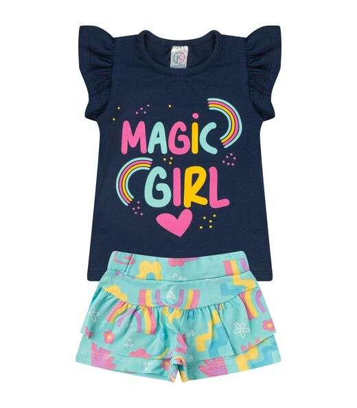 Conjunto Menina Cotton Manga Com Babados Kappes Azul