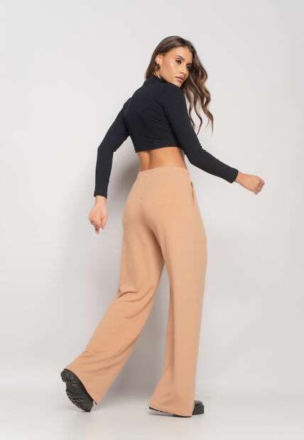 Calça Wide Leg Com Bolso Moletinho Bege Salvatore